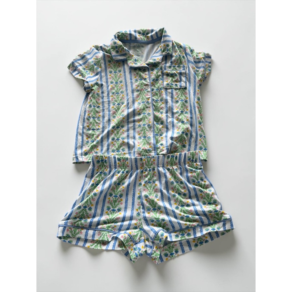 Tahari Girls Pajama Set Size 10/12 Floral Stripe Short Sleeve Button Down Shorts